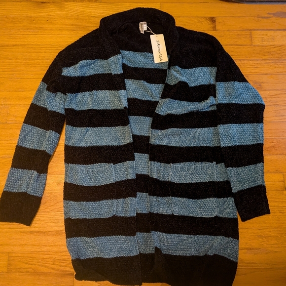 Teal and black striped chenille cardigan size L-XL - Picture 1 of 4